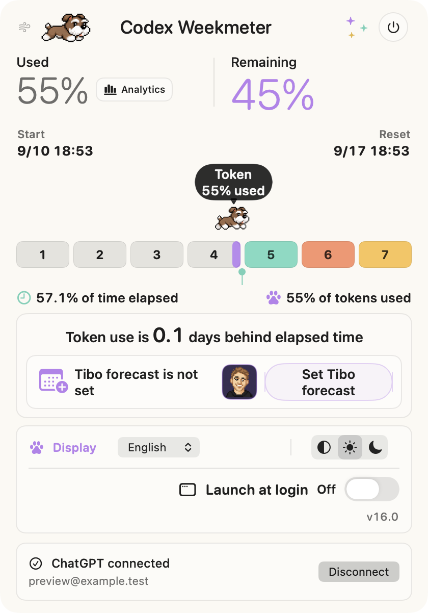 Codex Weekmeter app, showing sample weekly usage of 55% and 45% remaining. Light
