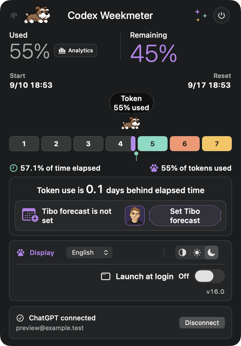 Codex Weekmeter app, showing sample weekly usage of 55% and 45% remaining. Dark